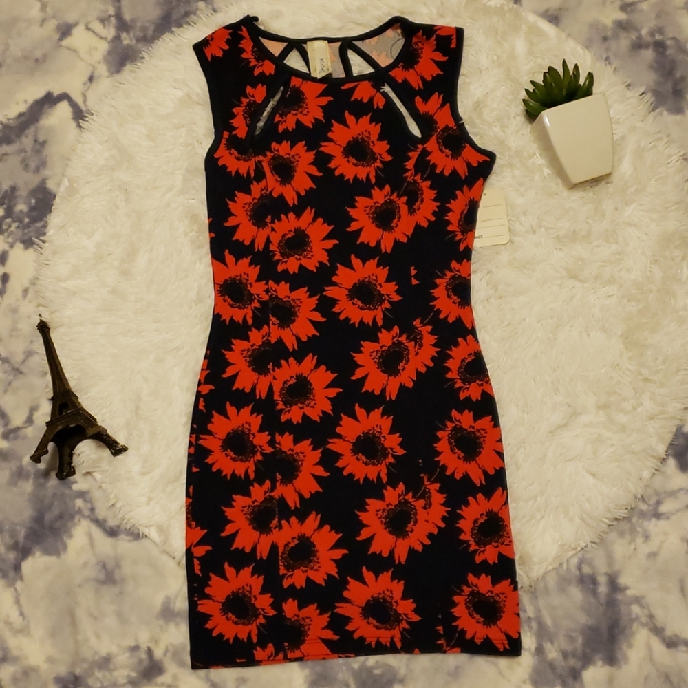 Navy blue dress with red flowers